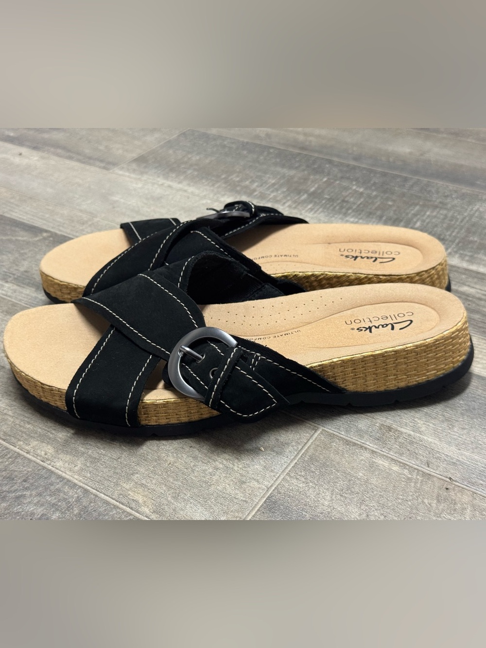 Clarks Collection Black Nubuck Leather Crisscross Slide Sandals Women’s Sz-9.5